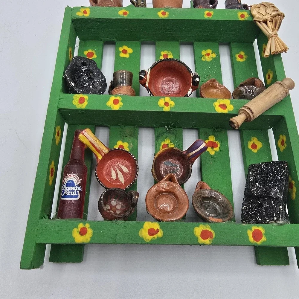 Mexican Kitchen Trastero Wall Hanging Shelf With Miniature Pots Vtg Folk Art